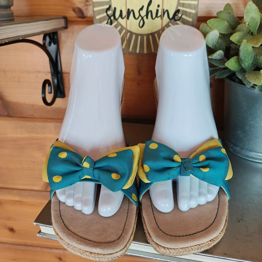 Unisa Brigetta Espadrille Jute Wedge Heels Bow Polka Dot Slip On Sandal Shoe 9.5